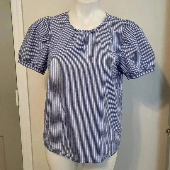 J.Crew Blue Striped Puffed Short Sleeve Cotton Blend Top(XS) - Picture 2 of 11